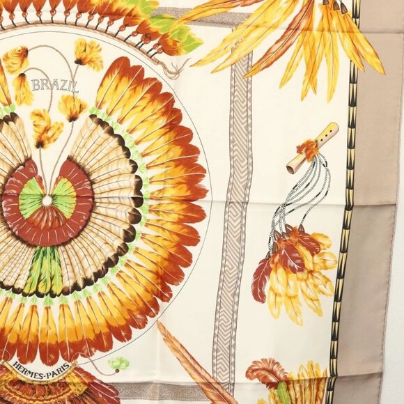 HERMES Carre 90 Scarf ""BRAZIL"" Silk Beige Auth am9005 - Picture 12 of 14
